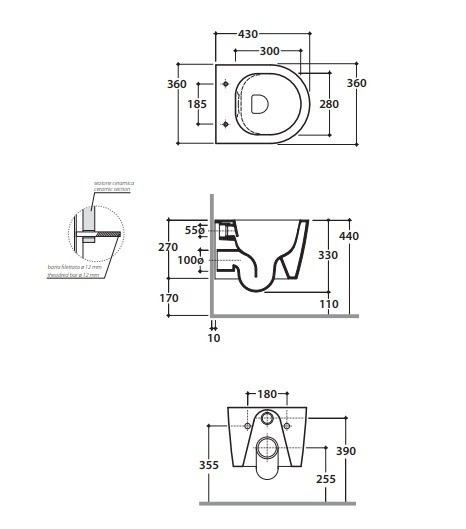 Унитаз подвесной безободковый укороченный GLOBO FORTY3 FOS06BI 360 мм х 430 мм, с креплением, белый глянцевый