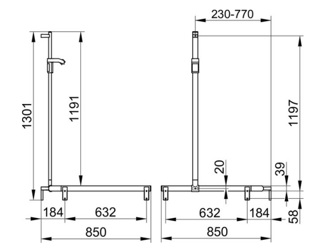 Поручень вдоль стены для установки справа и слева KEUCO AXESS 35015 010101 850 мм х 850 мм х 1301 мм, со штангой для душа, цвет Хром