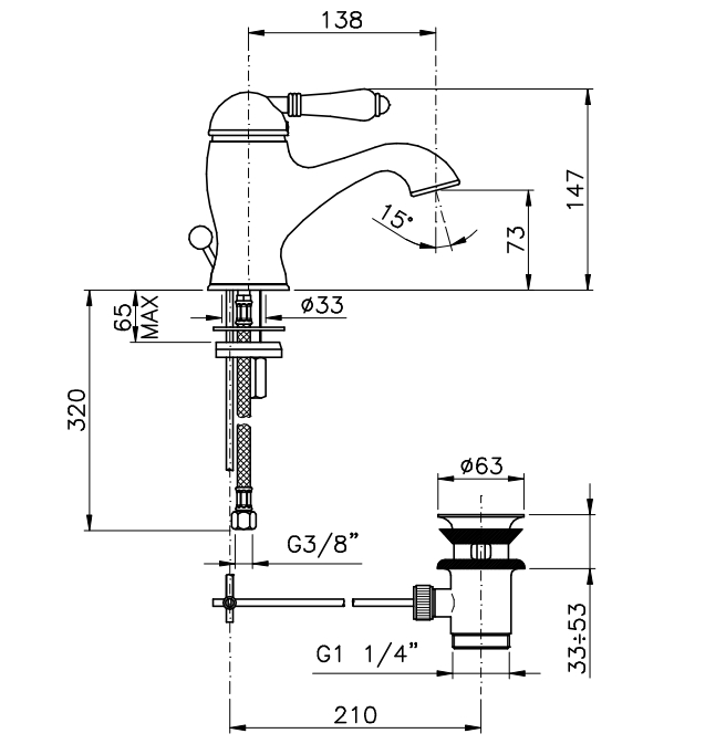 Смеситель для раковины однорычажный NICOLAZZI MONOCOMANDO CLASSICO 3402BZ75 138 мм, бронза