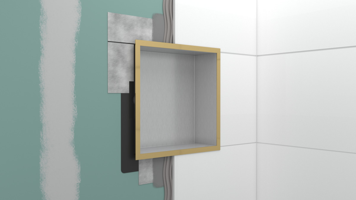 Настенный короб HANSGROHE XtraStoris Individual 56098140 с дизайнерской рамой, 300 мм х 300 мм х 100 мм, матовый чёрный/шлифованная бронза