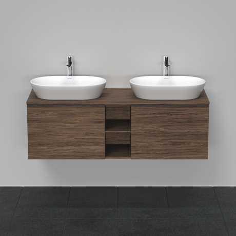 Тумба подвесная под две раковины DURAVIT D-Neo DE4950B2121 1400 мм х 550 мм, с 2 выдвижными ящиками и открытой полкой, орех тёмный
