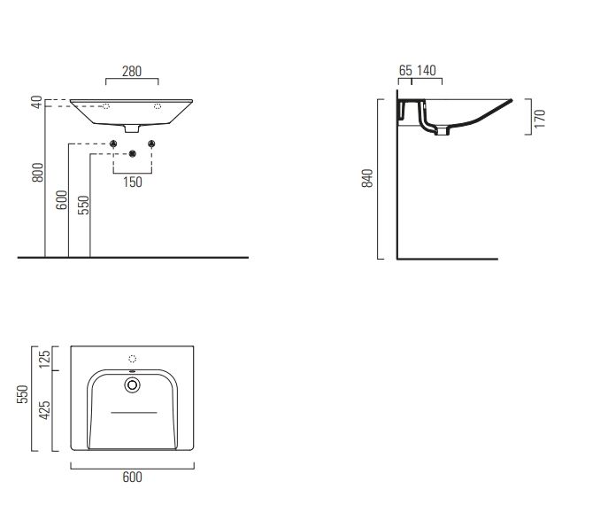 Раковина подвесная GSI COMMUNITY 7635011 600 мм х 550 мм, с 1 намеченным отверстием под смеситель, с переливом, без крепежа, белая глянцевая
