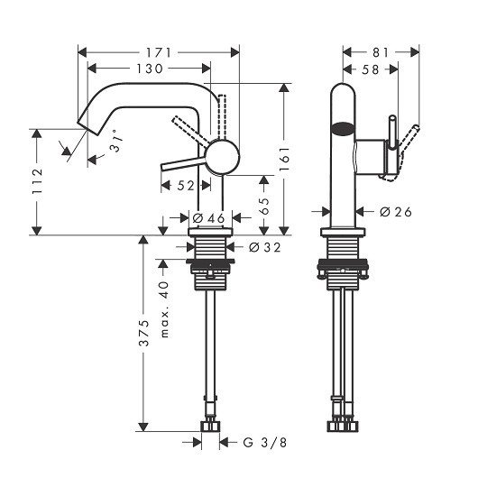 Однорычажный смеситель для раковины Hansgrohe Tecturis S 73320670 со сливным гарнитуром Push-Open, цвет Чёрный матовый
