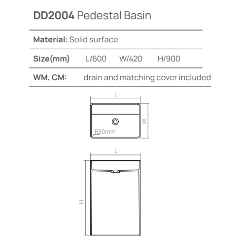 Раковина напольная DEA DESIGN  Pedestal Basin  DD2004 600 18    60x42xh90 см, из композита Solid surface, д/клапан с крышкой из композита, цвет белый матовый 18