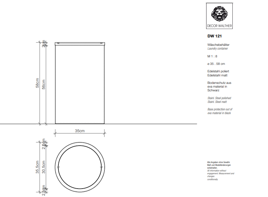 Корзина для белья  DECOR WALTHER  DW 121  0610700    58 X Ø 35 см, 40 л, вращающаяся крышка, нержавеющая сталь глянцевая