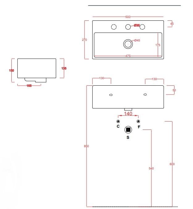 Раковина подвесная/накладная ARTCERAM QUADRO QUL001 01 00 500 мм х 270 мм, c отверстием под смеситель, без перелива, белый глянцевый (Снято с производства)