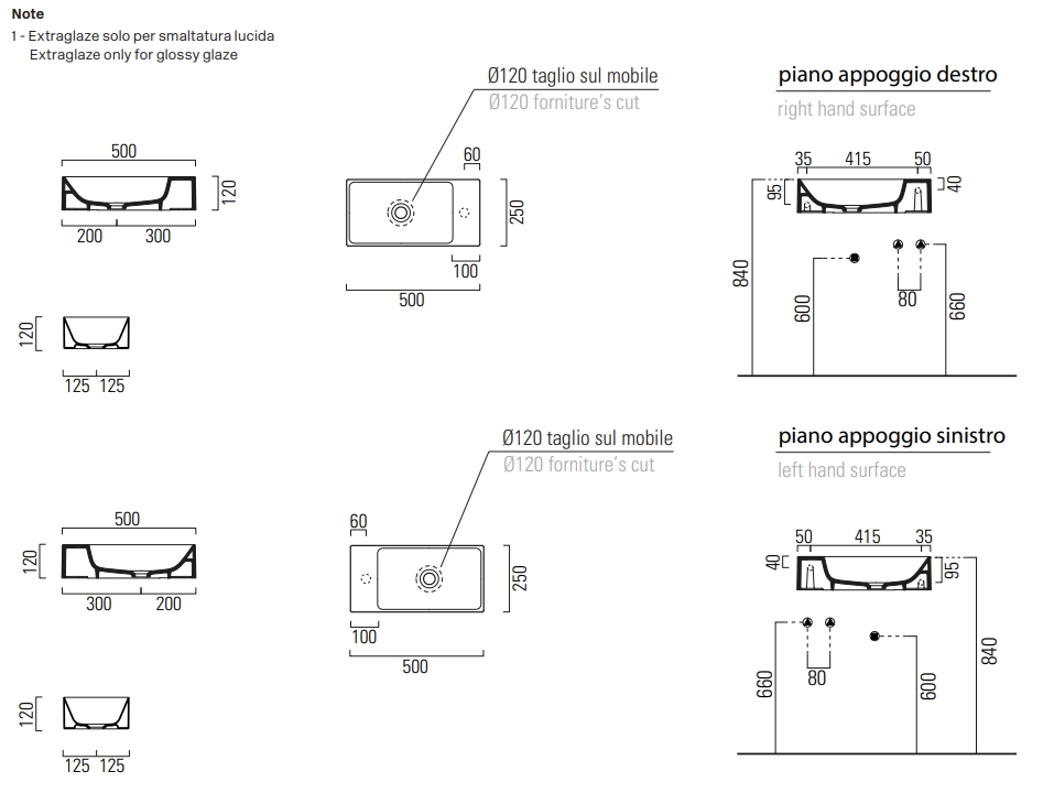 Раковина накладная/подвесная прямоугольная GSI KUBE X 9486109 500 мм х 250 мм, с отверстием под смеситель справа/слева, цвет Белый Матовый