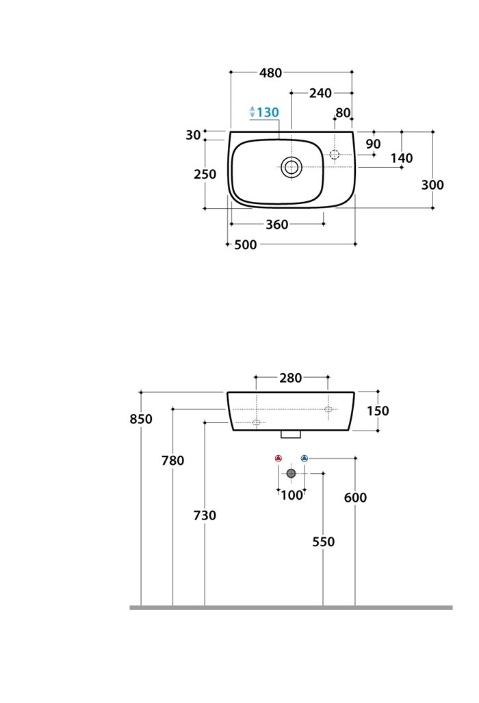 Раковина подвесная GLOBO GENESIS GE047BI 500 мм х 300 мм х 150 мм, с намеченным отверстием под смеситель, белый глянцевый