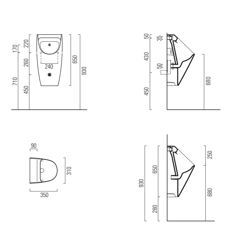 Писсуар подвесной безободковый GSI COMMUNITY 909717 350 мм х 310 мм, для крепежа FISRО, скрытый подвод воды, Cenere Matte