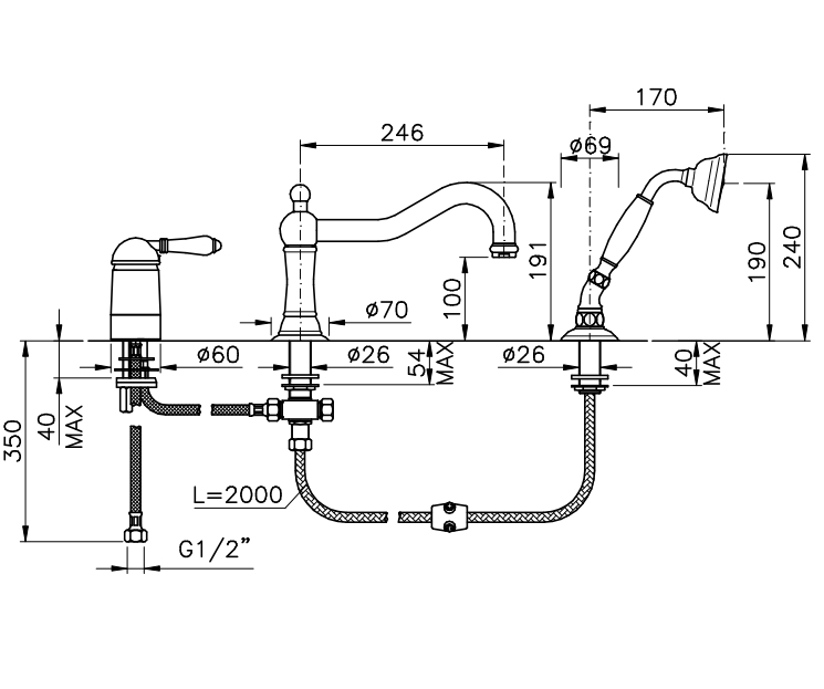 Смеситель однорычажный на борт ванны NICOLAZZI MONOCOMANDO CLASSICO 3449CR75 с ручным душем, на 3 отверстия, хром