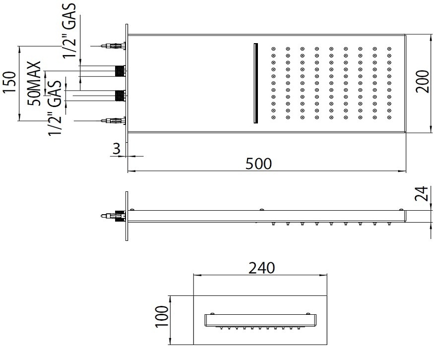 Верхний душ BOSSINI MANHATTAN-2 I00570.073 500 мм х 200 мм х 24 мм с 2 режимами струи, Чёрный матовый
