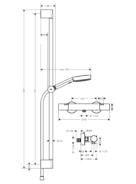 Душевой набор c термсостатом HANSGROHE Pulsify Select 24261000 105 3jet, c EcoSmart и душевой штангой 900 мм, цвет Хром