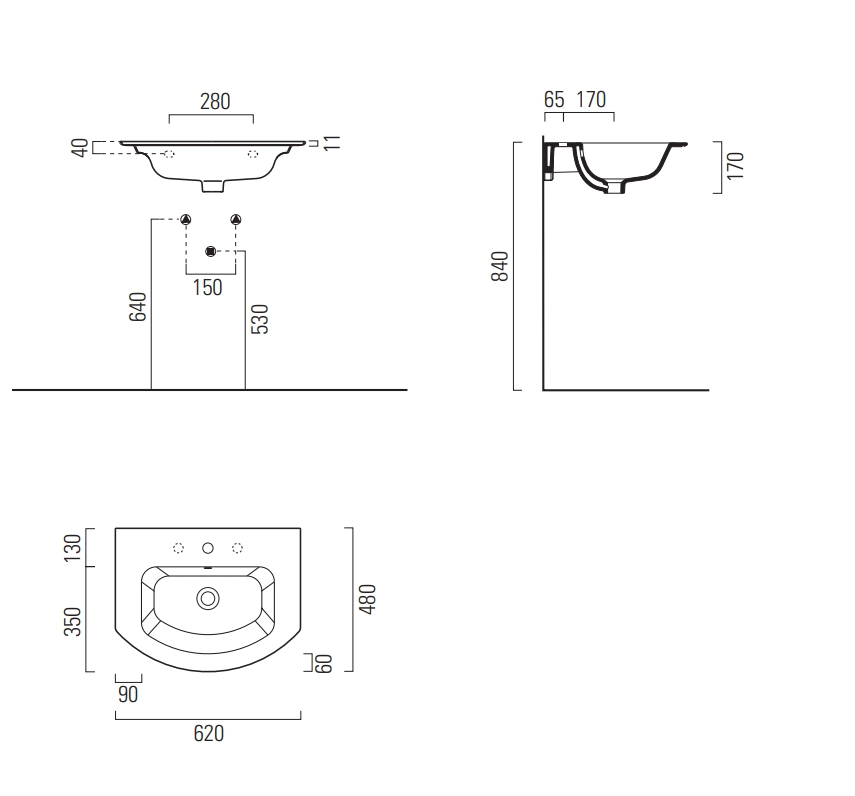 Раковина накладная/подвесная GSI PURA 8827111 620 мм х 480 мм, с отверстием под смеситель, с переливом, белый глянцевый