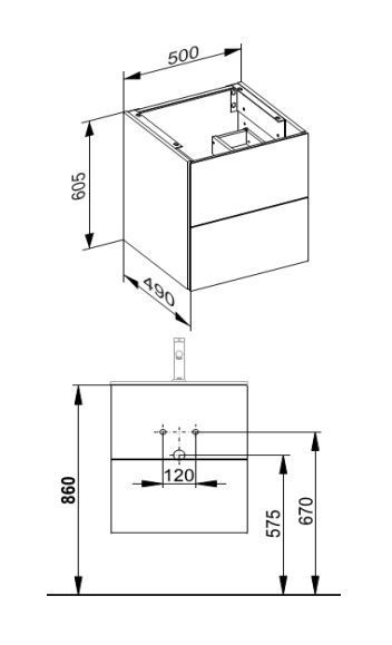 Тумба подвесная под раковину KEUCO PLAN 32943 300000 490 мм х 500 мм, c 2 выдвижными ящиками, белый матовый/белый глянцевый