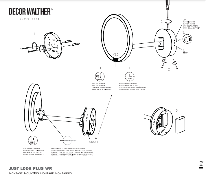 Косметическое зеркало настенное DECOR WALTHER  JUST LOOK PLUS WR 5X   0125600, с подсветкой LED, увеличение 5X, сенсор, аккумулятор, датчик движения, цвет хром