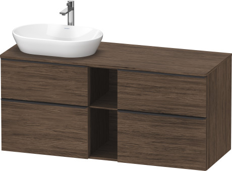 DURAVIT (D-Neo) Тумба подвесная 1400 x 550 мм, для раковины слева, с консолью, 4мя выдвижными ящиками и открытой полкой, цвет орех темный