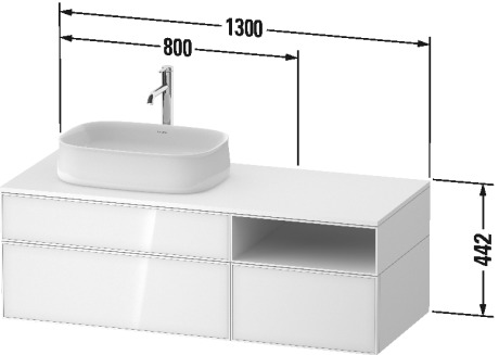 Тумба подвесная с вырезом под раковину слева DURAVIT ZENCHA ZE4828064840000 550 мм х 1300 мм х 442 мм, с 3 выдвижными ящиками, белое стекло/белый суперматовый