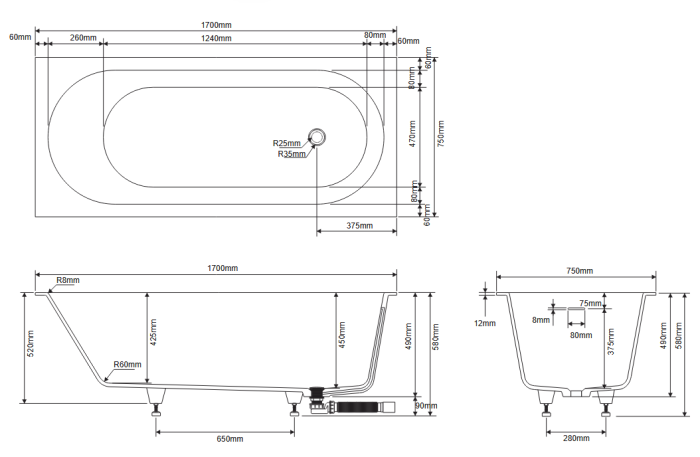 Ванна встраиваемая из композита Solid surface DEA DESIGN EASE DD8676 1700 18 1700 мм х 750 мм х 580 мм, с сифоном и донным клапаном, цвет Белый