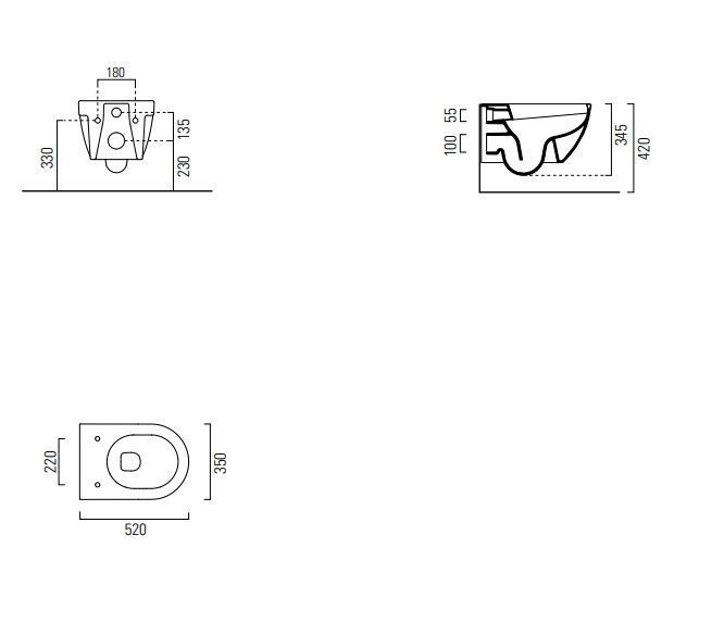 Унитаз подвесной безободковый GSI CITY 911611 350 мм х 520 мм, с открытым креплением, белый глянцевый