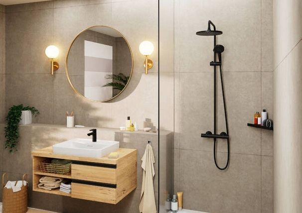 Душевая система HANSGROHE Vernis Blande 26428670 240 1jet, с термостатом, с круглым верхним душем, цвет Чёрный матовый