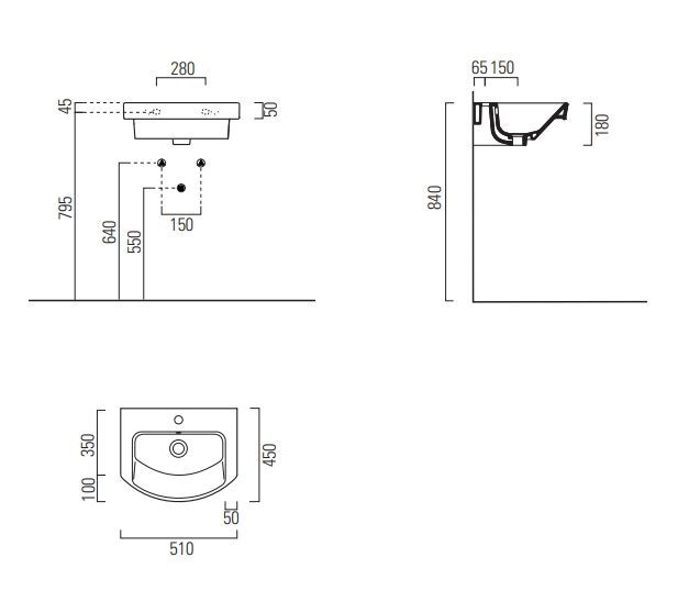 Раковина подвесная/встраиваемая GSI NORM 8646111 510 мм х 450 мм, с 1 отверстием под смеситель, с переливом, белая глянцевая