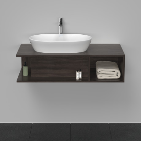 Тумба подвесная под раковину слева DURAVIT D-Neo DE492905353 1000 мм х 550 мм, с открытой боковой полкой справа и консолью, каштан тёмный