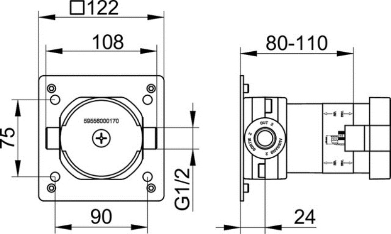 Встраиваемая функциональная часть для переключателя на 2 потребителя Keuco IXMO 59556 000170 с выводом для шланга
