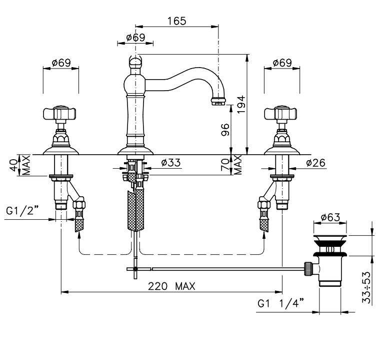 Смеситель для раковины на 3 отверстия NICOLAZZI TRADIZIONALE 1409BZ78 с вентилями PETIT MONT BLANC, с донным клапаном и переливом, бронза/белый