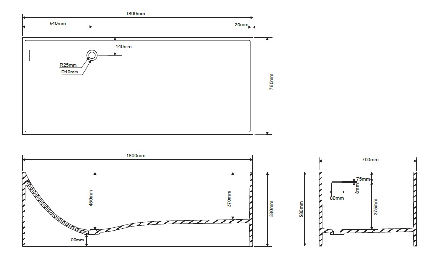 Ванна прямоугольная отдельностоящая из композита DEA DESIGN Modern DD8607 1800 5, размер 1800 мм х 760 мм х 580 мм, с сифоном и донным клапаном, цвет Графит Graphite №5