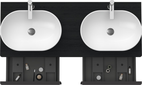 Тумба подвесная под две раковины DURAVIT D-Neo DE4950B1616 1400 мм х 550 мм, с 2 выдвижными ящиками и открытой полкой, чёрный дуб