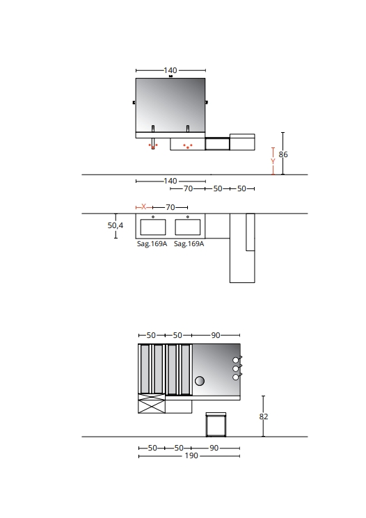 Комплект мебели для ванной комнаты BMT BLUES 4.0  BL4-19  3800х1950х504 мм, 2 тумбы, двойная раковина, шкафы и 2 зеркала, цвет Matt Ottawa Breaver/Metallic Titanium/Nero Opaco/Raw Walnut