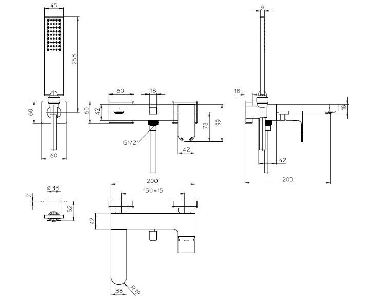 Однорычажный смеситель для ванны настенный BOSSINI GILLO Z00728.073 с лейкой, держателем и шлангом, цвет Чёрный матовый