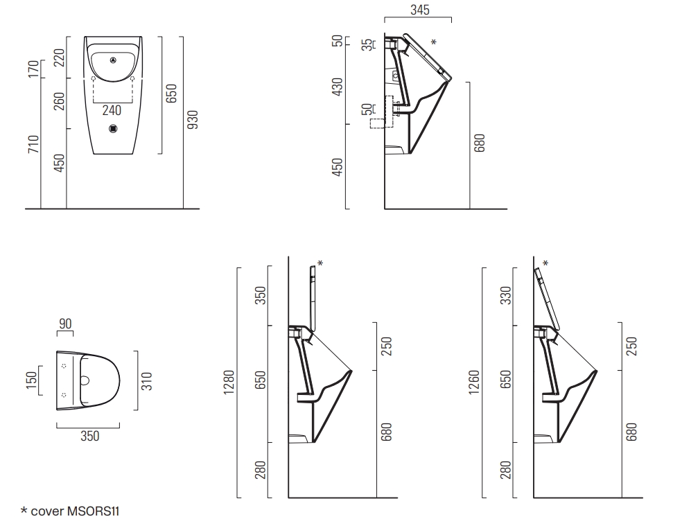 Писсуар подвесной безободковый GSI COMMUNITY 909817 350 мм х 310 мм, для крепежа FISRО, скрытый подвод воды, Cenere Matte
