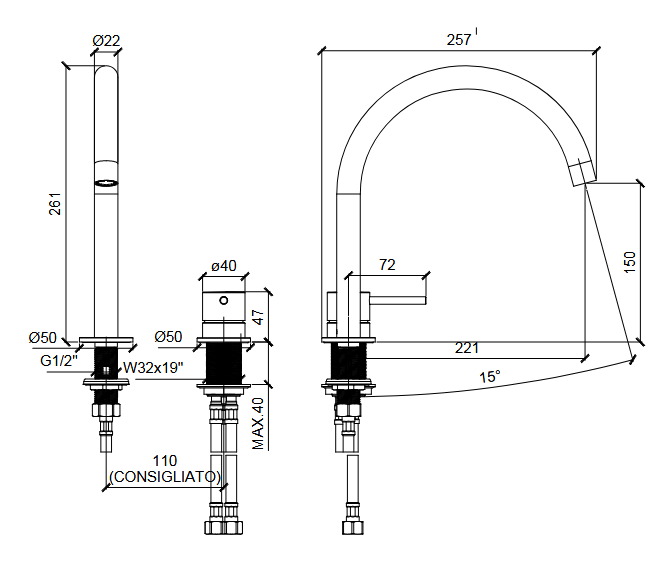 Одновентильный смеситель для раковины ALMAR WASH BASIN E214005.NB излив 221 мм, цвет Nickel Brushed