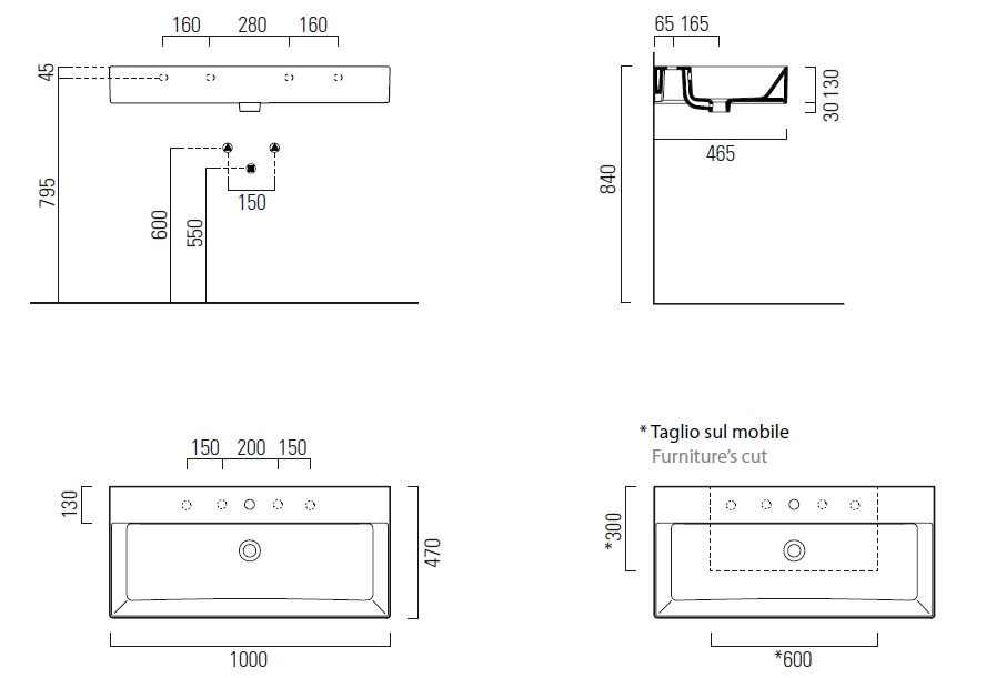 Раковина накладная/подвесная GSI KUBE X 9423111 1000 мм х 470 мм, с 1 отверстием под смеситель, с переливом, без крепежа, цвет Белый глянцевый