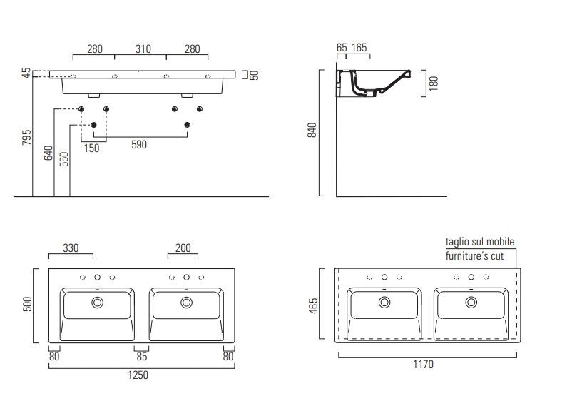 Раковина двойная подвесная/встраиваемая GSI NORM 8627111 1250 мм х 500 мм, с отверстиями под смеситель справа и слева, с переливом, белая глянцевая