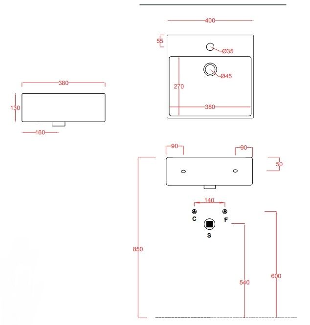 Раковина подвесная/накладная ARTCERAM QUADRO QUL005 01 00 400 мм х 380 мм, c отверстием под смеситель, без перелива, белый глянцевый