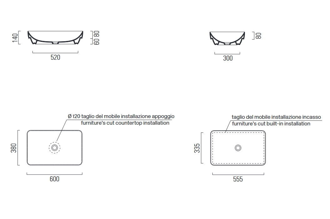 Раковина накладная GSI PURA 883708 600 мм х 380 мм, без отверстия под смеситель, без перелива, цвет Creta Matte