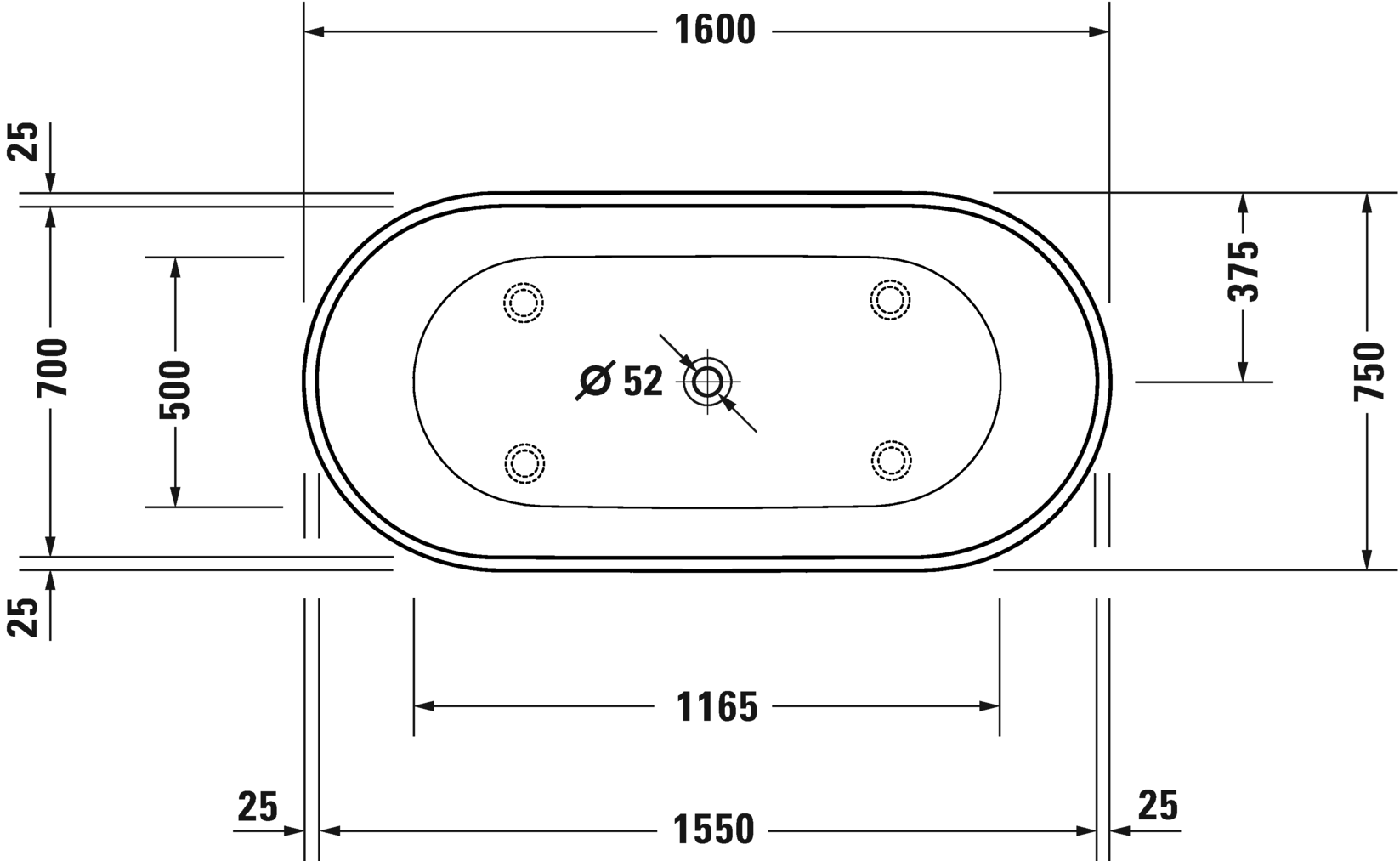 Отдельно стоящая ванна Duravit D-Neo 700486000000000 1600 мм х 750 мм, c двумя наклонами для спины, с бесшовной панелью и ножками, белая матовая