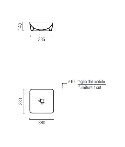 Раковина накладная квадратная GSI NUBES 903811 380 мм х 380 мм, без отверстия под смеситель, без перелива, белая глянцевая