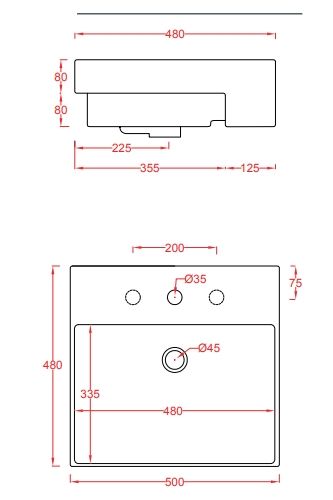 Раковина полувстраиваемая ARTCERAM QUADRO QUL004 01 00 500 мм х 480 мм, c отверстием под смеситель, с переливом, белый глянцевый