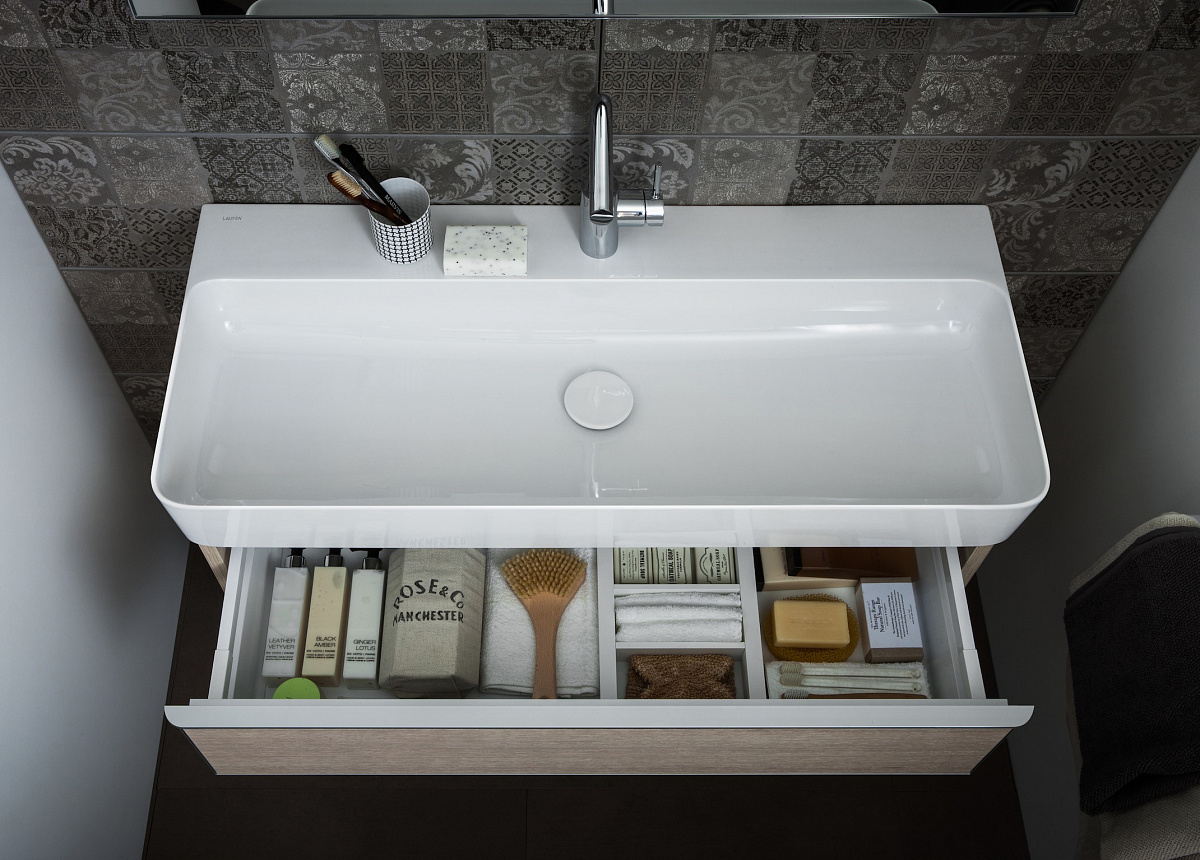 Тумба подвесная  Laufen  Space  4.1020.2.160.103.1  93,5 см,  под раковину Val  8.1028.7, 2 ящика, цвет  темный вяз, ручки коричневый  алюминий