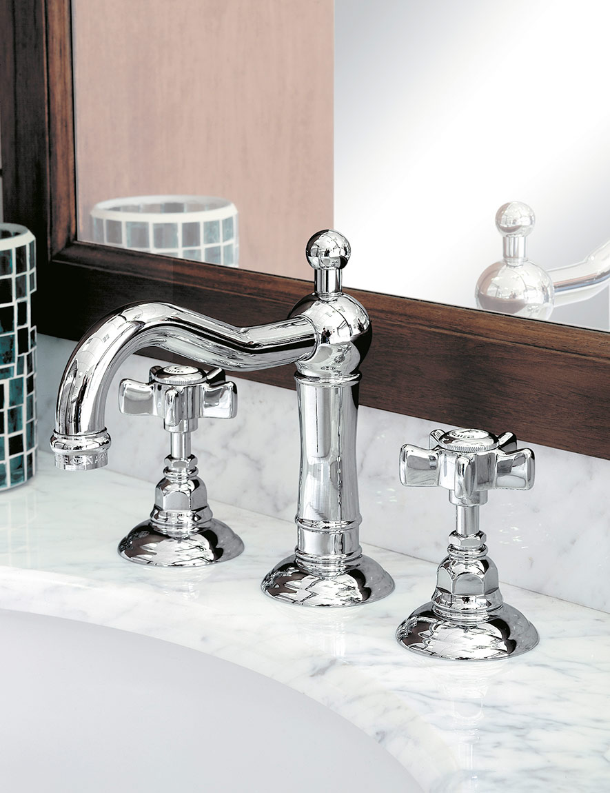 Смеситель для раковины на 3 отверстия NICOLAZZI TRADIZIONALE 1409BZ18 с вентилями DAMES ANGLAISES, с донным клапаном и переливом, бронза/белый