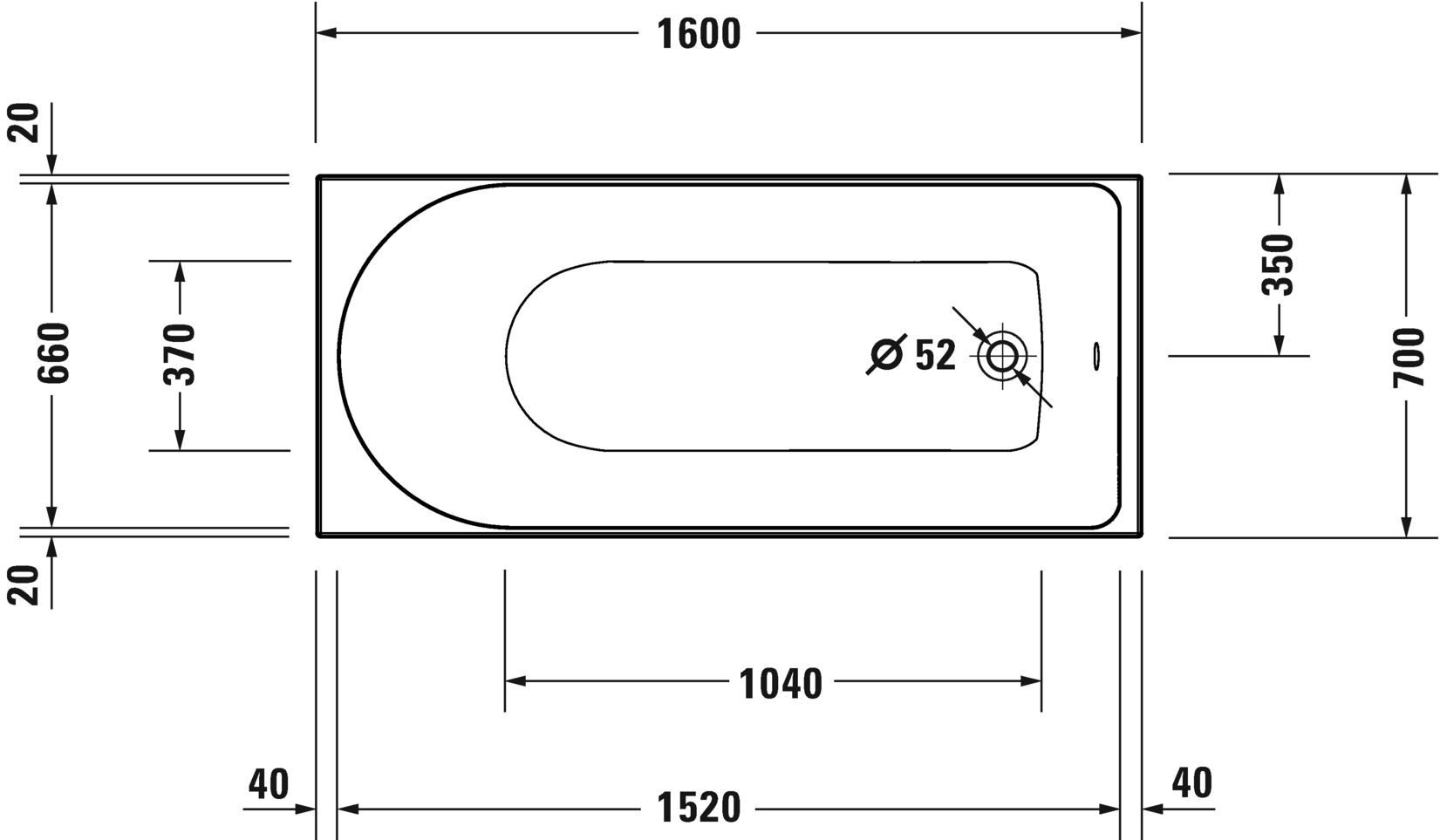 Встраиваемая акриловая ванна Duravit D-Neo 700472000000000 1600 мм х 700 мм, c одним наклоном для спины, белая