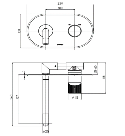 Внешняя часть однорычажного смесителя для раковины из стены BOSSINI PLY Z00920.030 185 мм, без донного клапана, цвет Хром