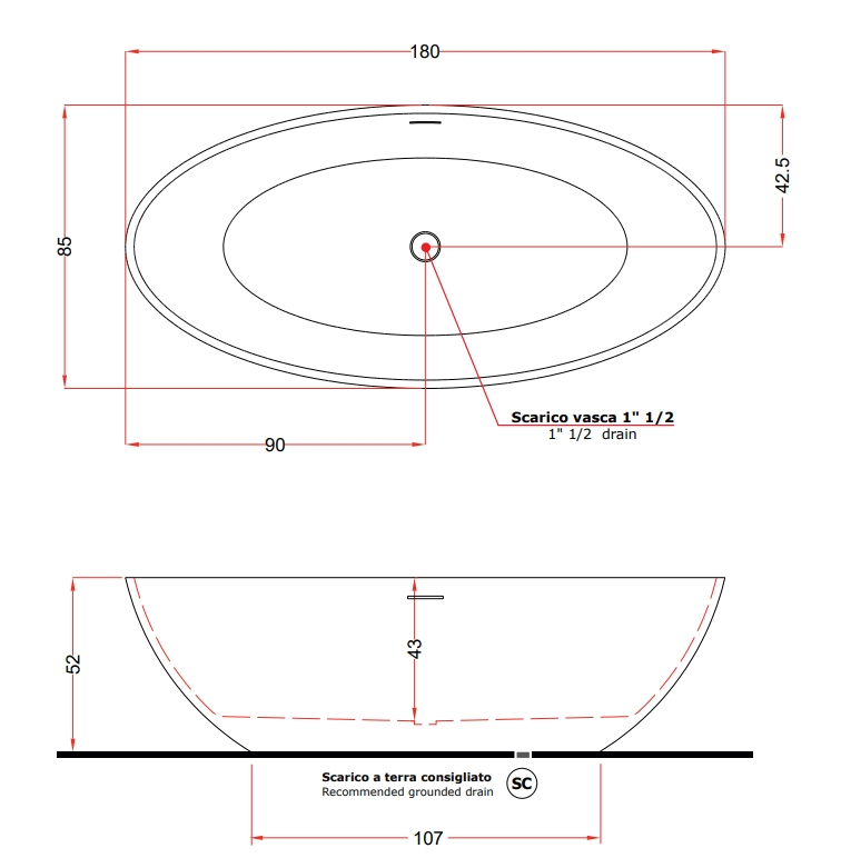 Ванна отдельностоящая TREESSE Carezza V308BL 850 мм х 1800 мм, из композита Solid Surface, белый глянцевый