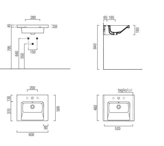 Раковина подвесная/встраиваемая GSI NORM 8635111 600 мм х 500 мм, с 1 отверстием под смеситель, с переливом, белая глянцевая