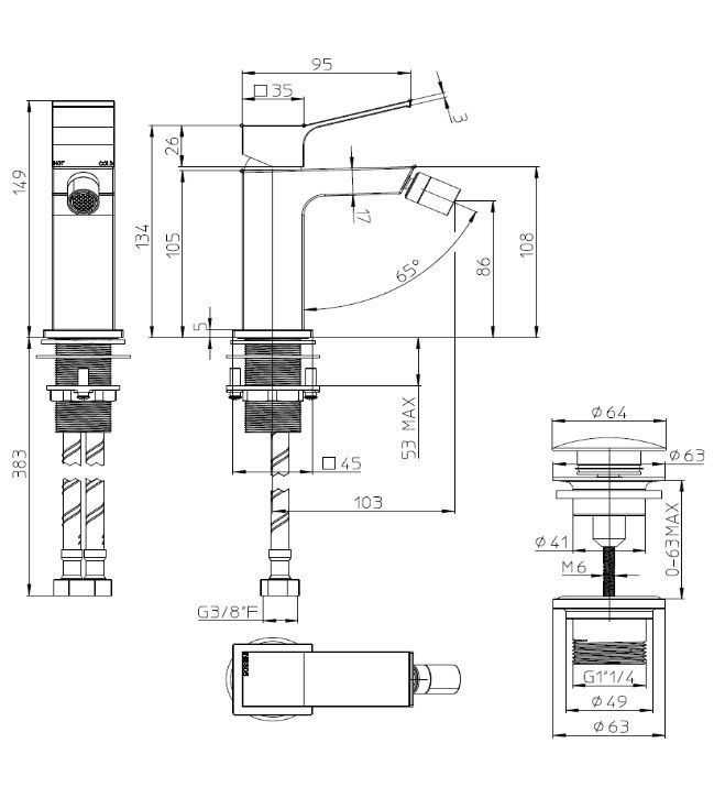 Смеситель однорычажный для биде BOSSINI AKI Z00708.030 c донным клапаном, цвет Хром