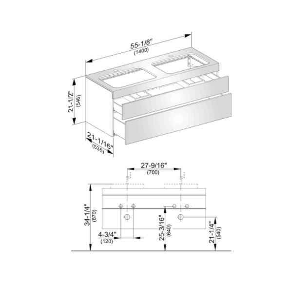 Тумба подвесная под  две раковины KEUCO EDITION 11 31574 380100 с отверстием под смесители, с двумя выдвижными ящиками, корпус/фасад структурный лак, белая