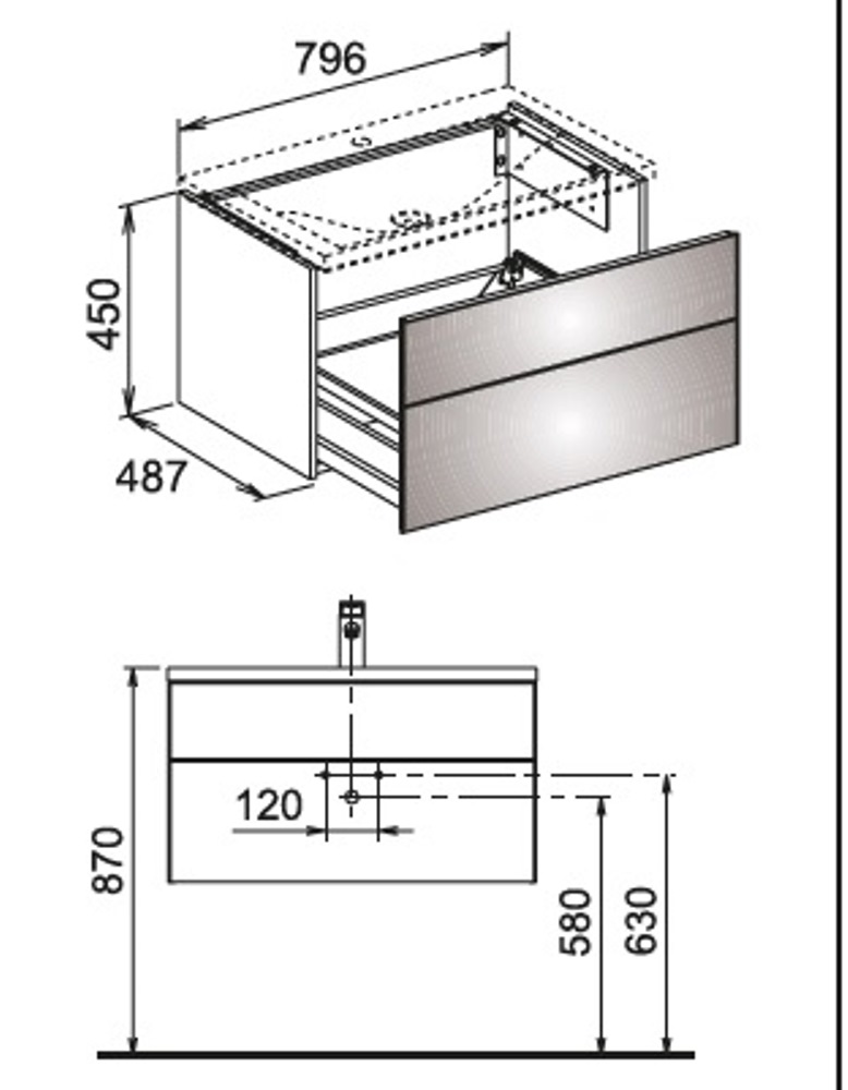 Тумба под раковину Keuco Royal Reflex 34060 210000 796x450x487 мм 1 ящик корпус белый глянец фасад белое стекло